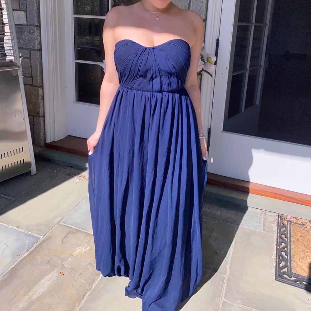 Navy strapless maxi prom dress
